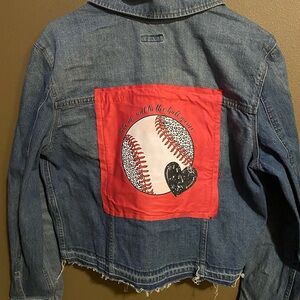 Hand designed baseball themed denim jacket women’s size large